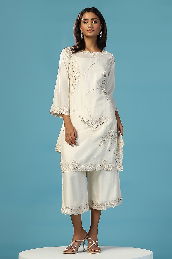 Ivory Chanderi Cotton Sequins Hand Embroidered Co-Ord Set by Two Sisters By Gyans at Pernia's Pop Up Shop