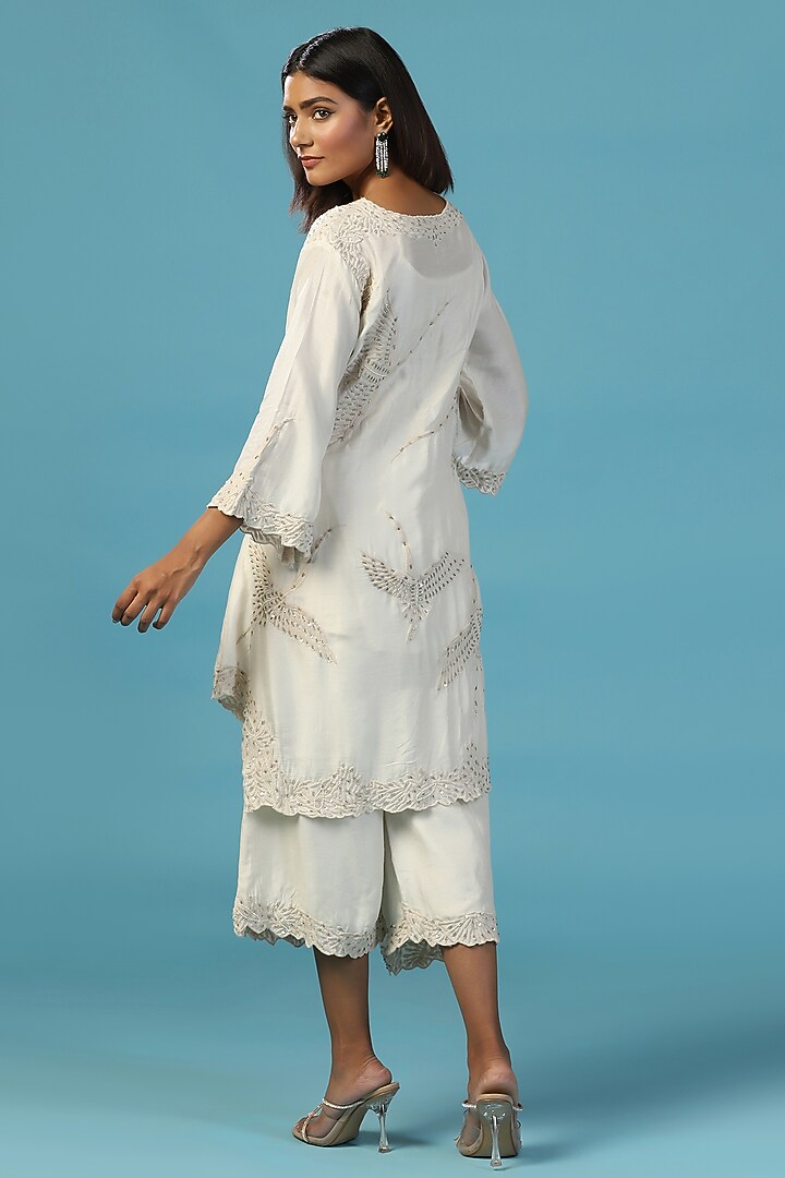 Ivory Chanderi Cotton Sequins Hand Embroidered Co-Ord Set by Two Sisters By Gyans at Pernia's Pop Up Shop
