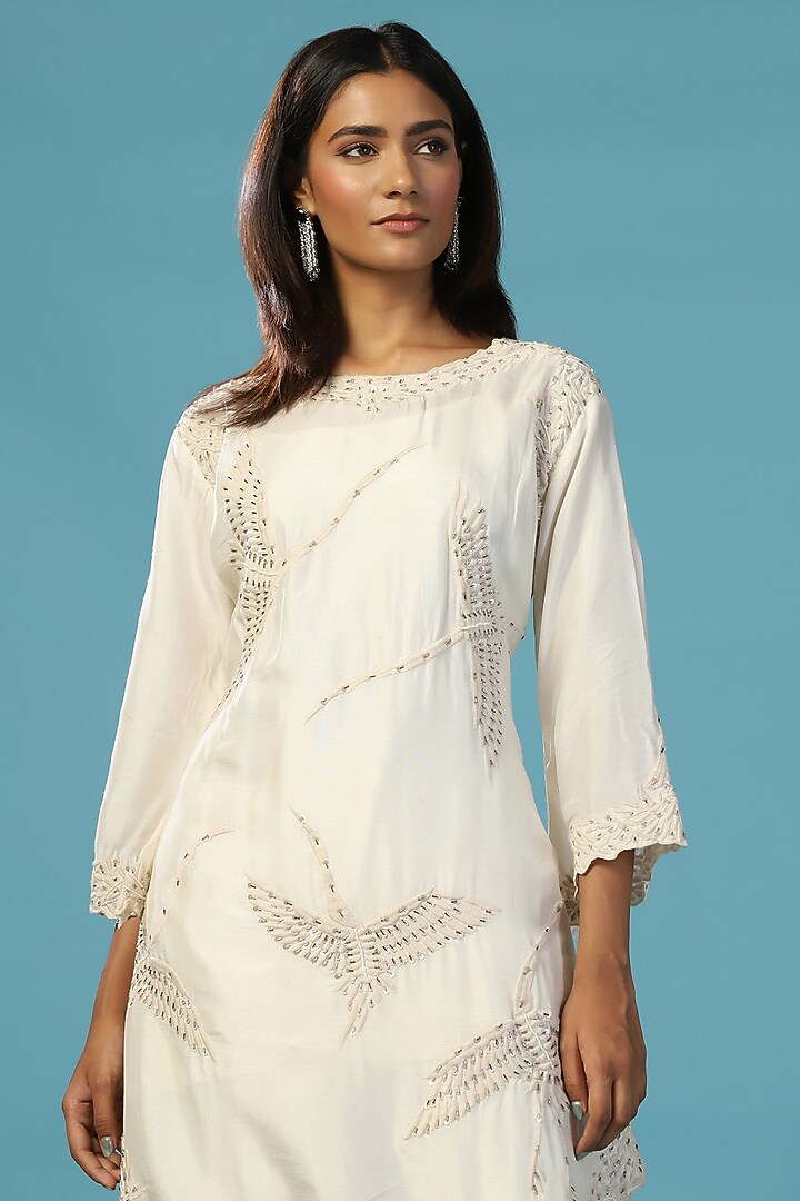 Ivory Chanderi Cotton Sequins Hand Embroidered Co-Ord Set by Two Sisters By Gyans at Pernia's Pop Up Shop