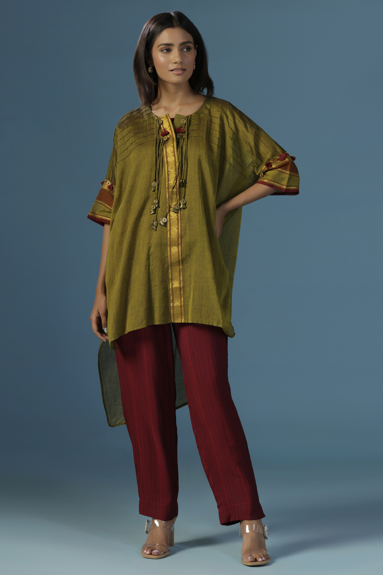 Green Chanderi Cotton Thread Work High-Low Kaftan Set by Two Sisters By Gyans at Pernia's Pop Up Shop