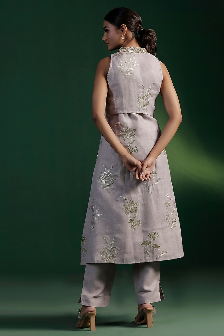 Grey Organic Jute Zari Embroidered Jacket Kurta Set by Two Sisters By Gyans at Pernia's Pop Up Shop