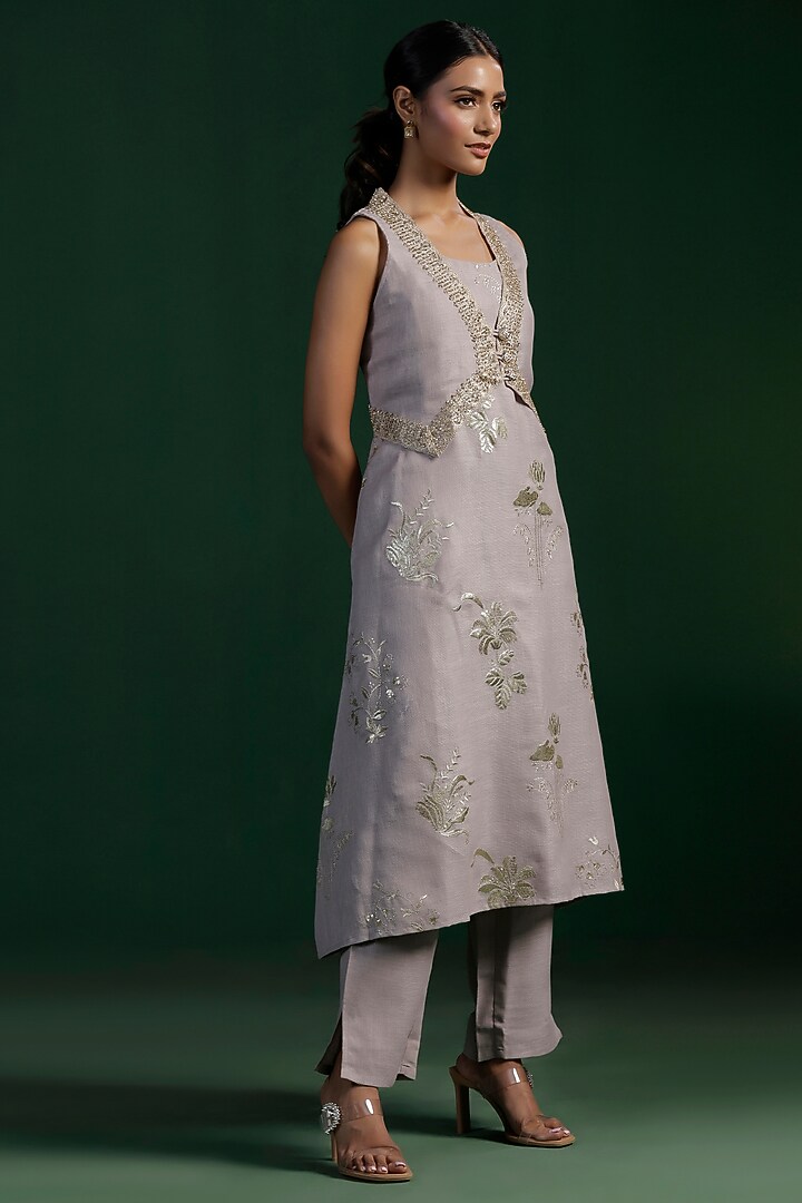 Grey Organic Jute Zari Embroidered Jacket Kurta Set by Two Sisters By Gyans at Pernia's Pop Up Shop