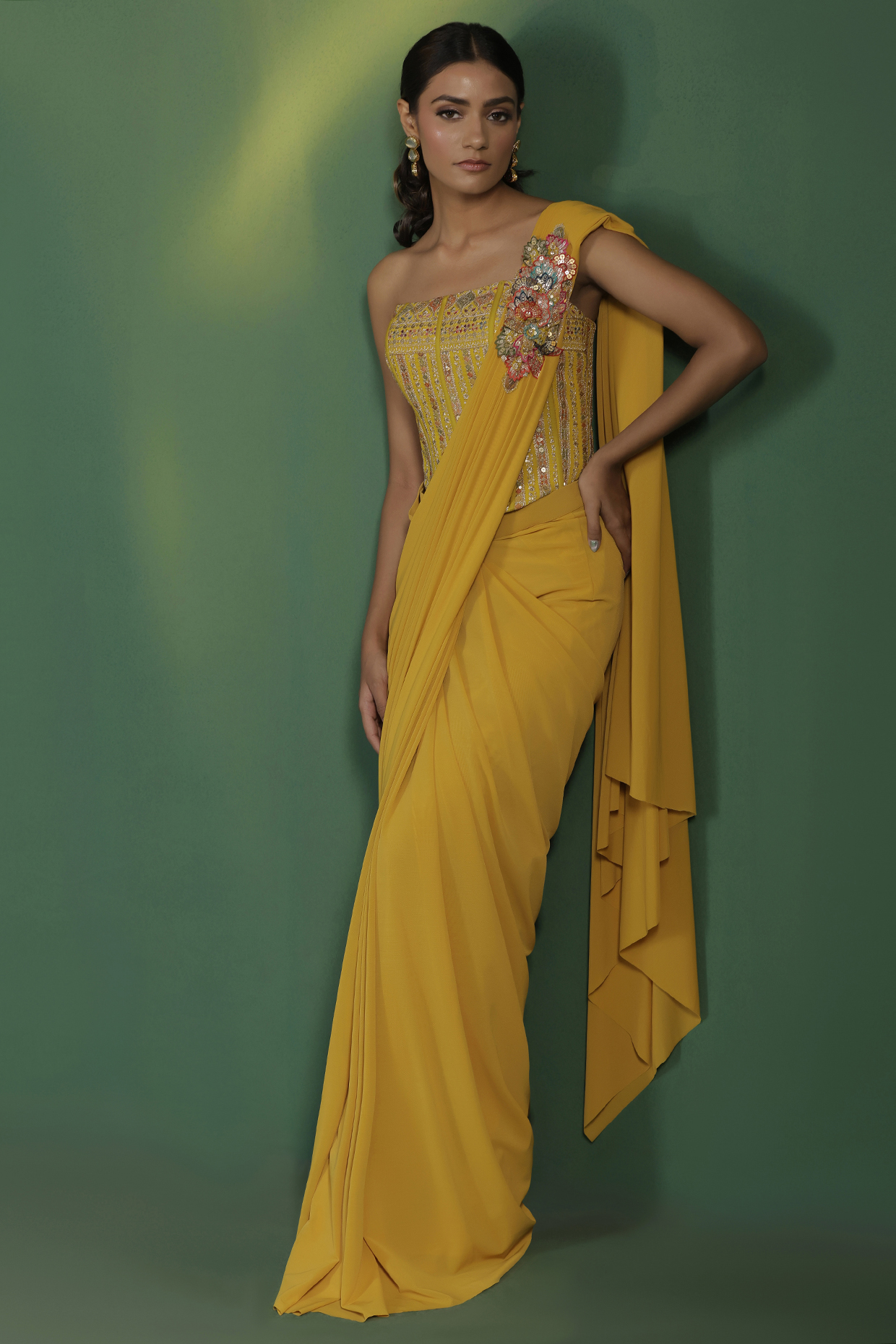 Mustard Yellow Lycra Pre-Draped Wedding Saree Set by Two Sisters By Gyans at Pernia's Pop Up Shop