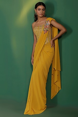 Mustard Yellow Lycra Pre-Draped Saree Set by Two Sisters By Gyans