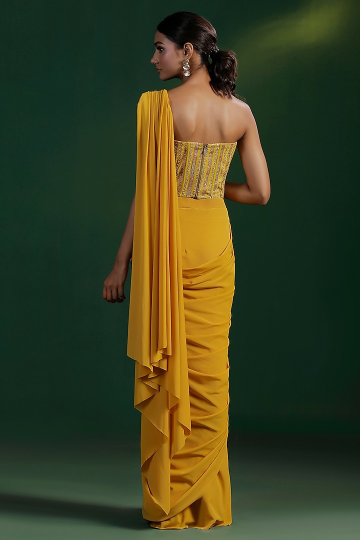 Mustard Yellow Lycra Pre-Draped Wedding Saree Set by Two Sisters By Gyans at Pernia's Pop Up Shop