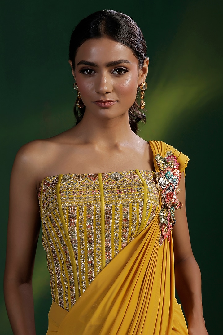 Mustard Yellow Lycra Pre-Draped Wedding Saree Set by Two Sisters By Gyans at Pernia's Pop Up Shop