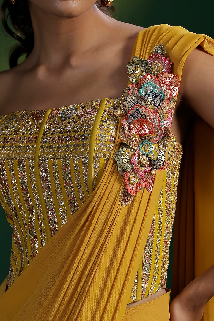 Mustard Yellow Lycra Pre-Draped Wedding Saree Set by Two Sisters By Gyans at Pernia's Pop Up Shop