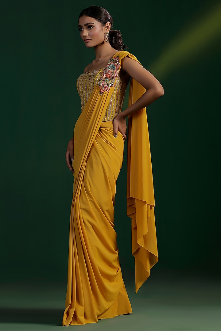 Mustard Yellow Lycra Pre-Draped Wedding Saree Set by Two Sisters By Gyans at Pernia's Pop Up Shop
