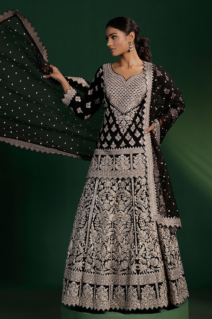 Black Silk Zari Hand Embroidered Wedding Lehenga Set by Two Sisters By Gyans at Pernia's Pop Up Shop