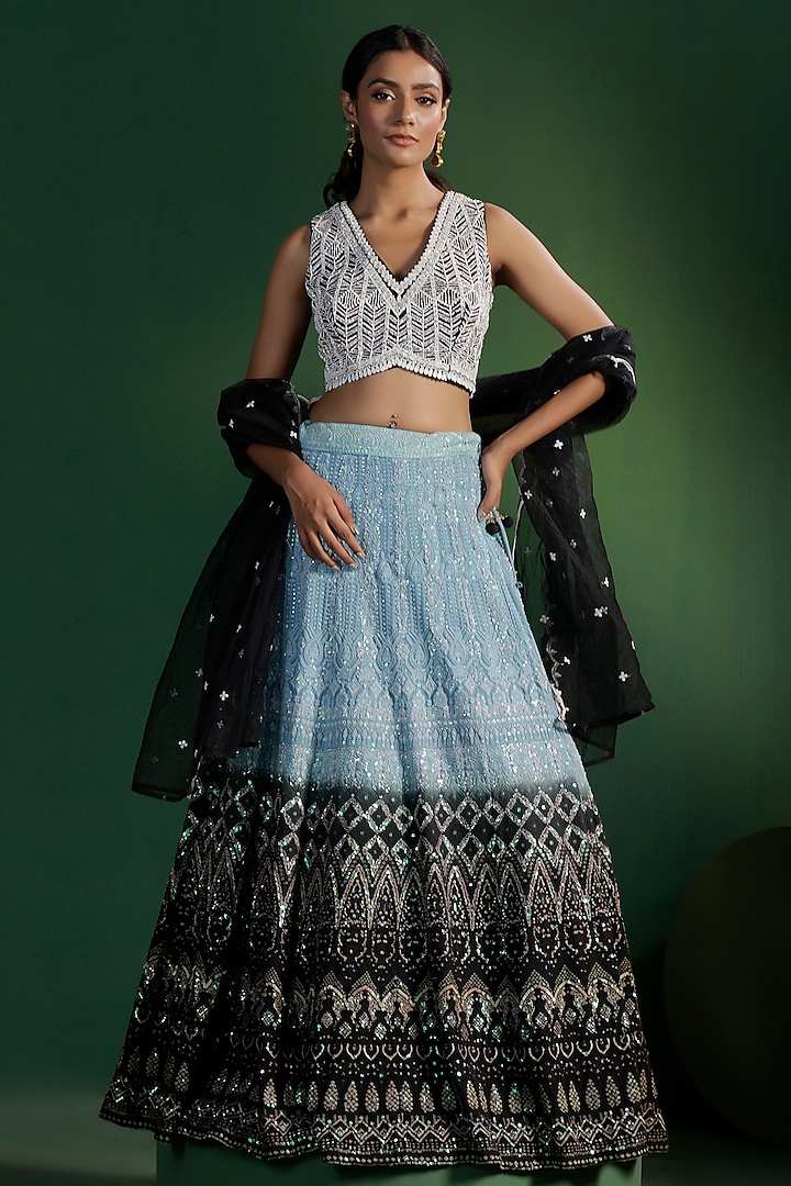 Powder Blue & Black Georgette Chikankari Embroidered Lehenga Set by Two Sisters By Gyans at Pernia's Pop Up Shop