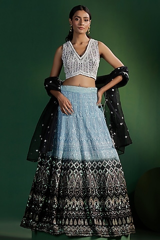 Powder Blue & Black Georgette Chikankari Embroidered Lehenga Set by Two Sisters By Gyans