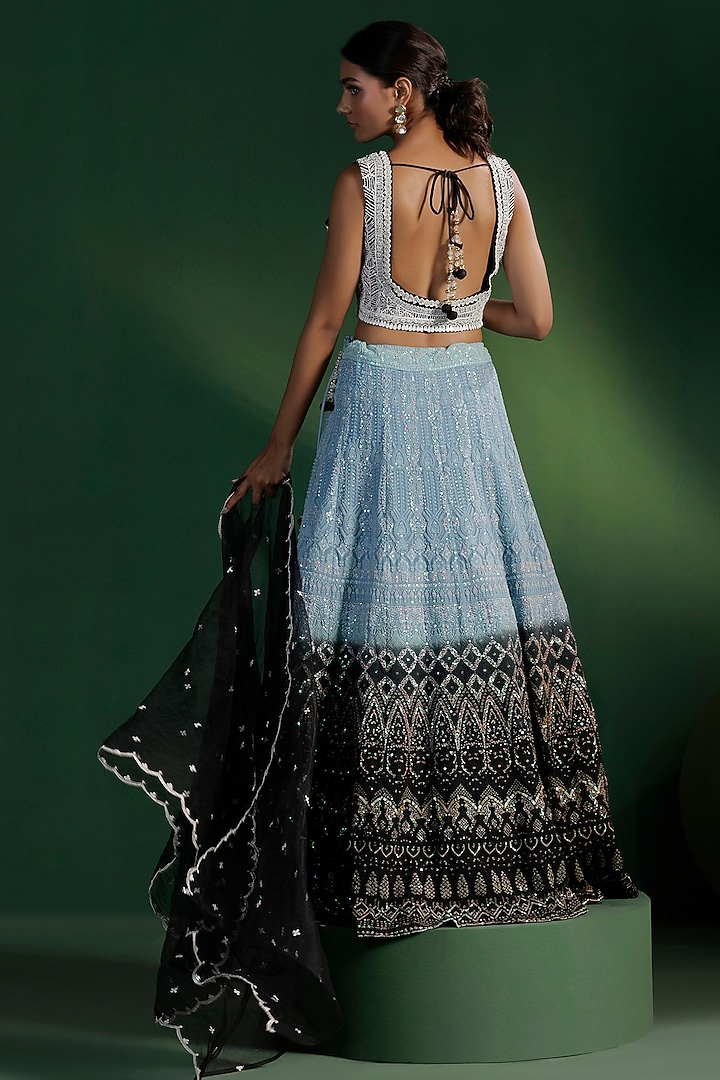 Powder Blue & Black Georgette Chikankari Embroidered Wedding Lehenga Set by Two Sisters By Gyans at Pernia's Pop Up Shop