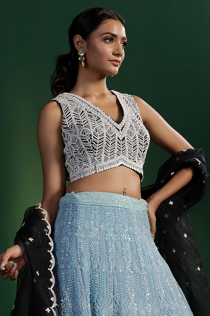 Powder Blue & Black Georgette Chikankari Embroidered Wedding Lehenga Set by Two Sisters By Gyans at Pernia's Pop Up Shop