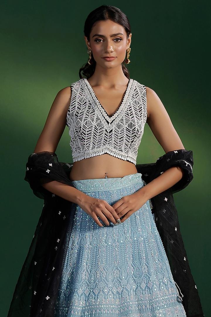 Powder Blue & Black Georgette Chikankari Embroidered Wedding Lehenga Set by Two Sisters By Gyans at Pernia's Pop Up Shop