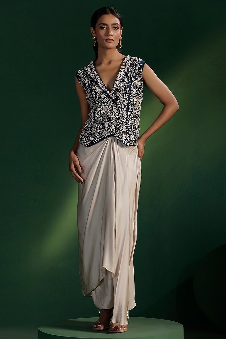 Ivory Satin Draped Skirt Set by Two Sisters By Gyans at Pernia's Pop Up Shop