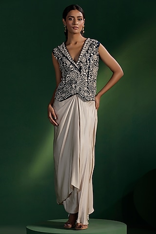 Ivory Satin Draped Skirt Set by Two Sisters By Gyans