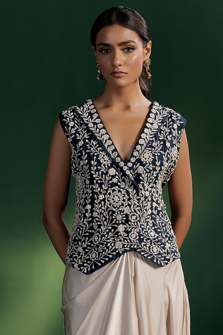Ivory Satin Draped Skirt Set by Two Sisters By Gyans at Pernia's Pop Up Shop