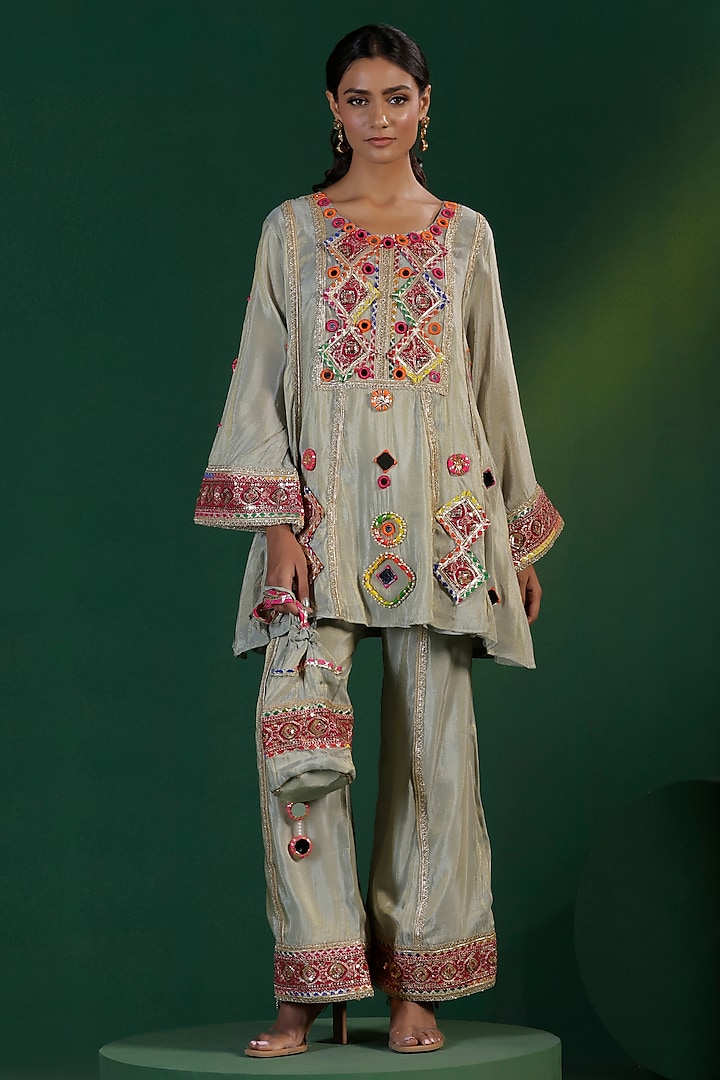 Grey Tissue Zari Embroidered Kurta Co-Ord Set by Two Sisters By Gyans at Pernia's Pop Up Shop