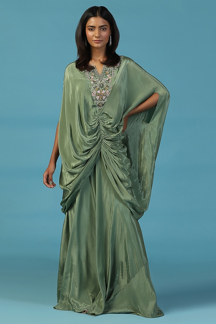 Green Crepe Hand Embroidered Draped Kaftan by Two Sisters By Gyans at Pernia's Pop Up Shop