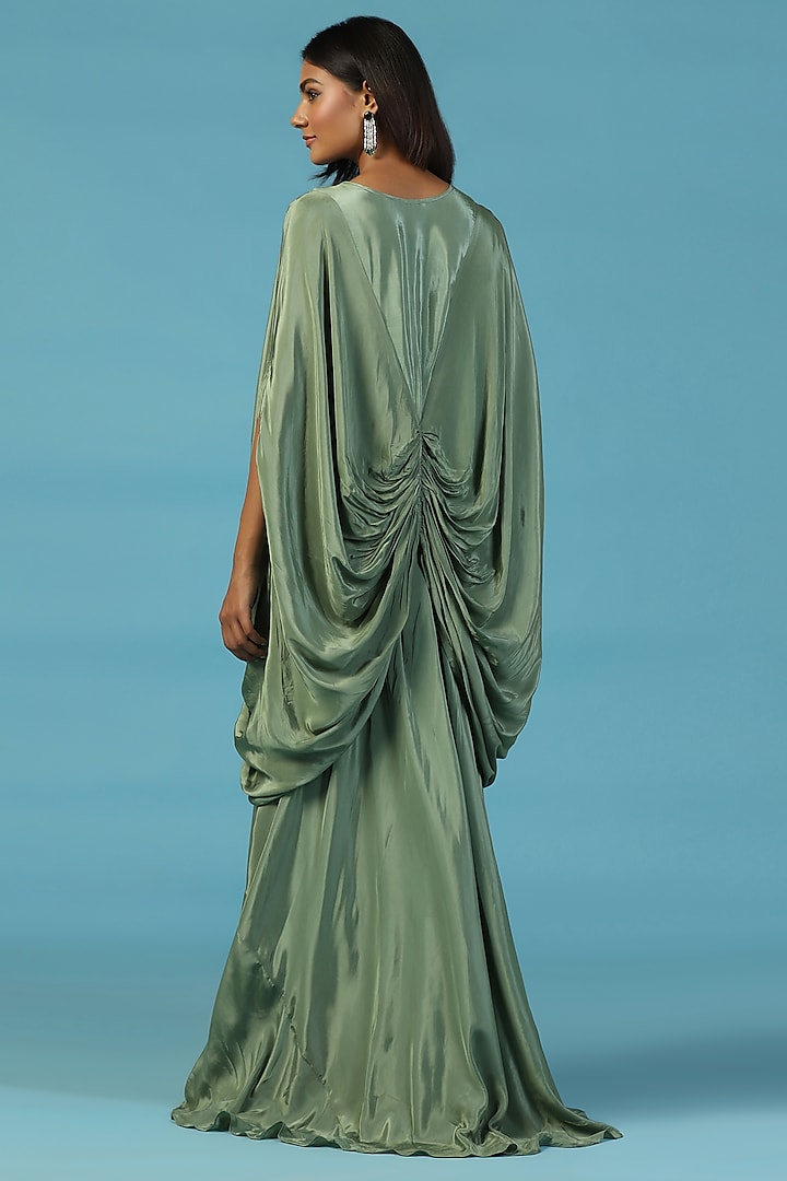 Green Crepe Hand Embroidered Draped Kaftan by Two Sisters By Gyans at Pernia's Pop Up Shop
