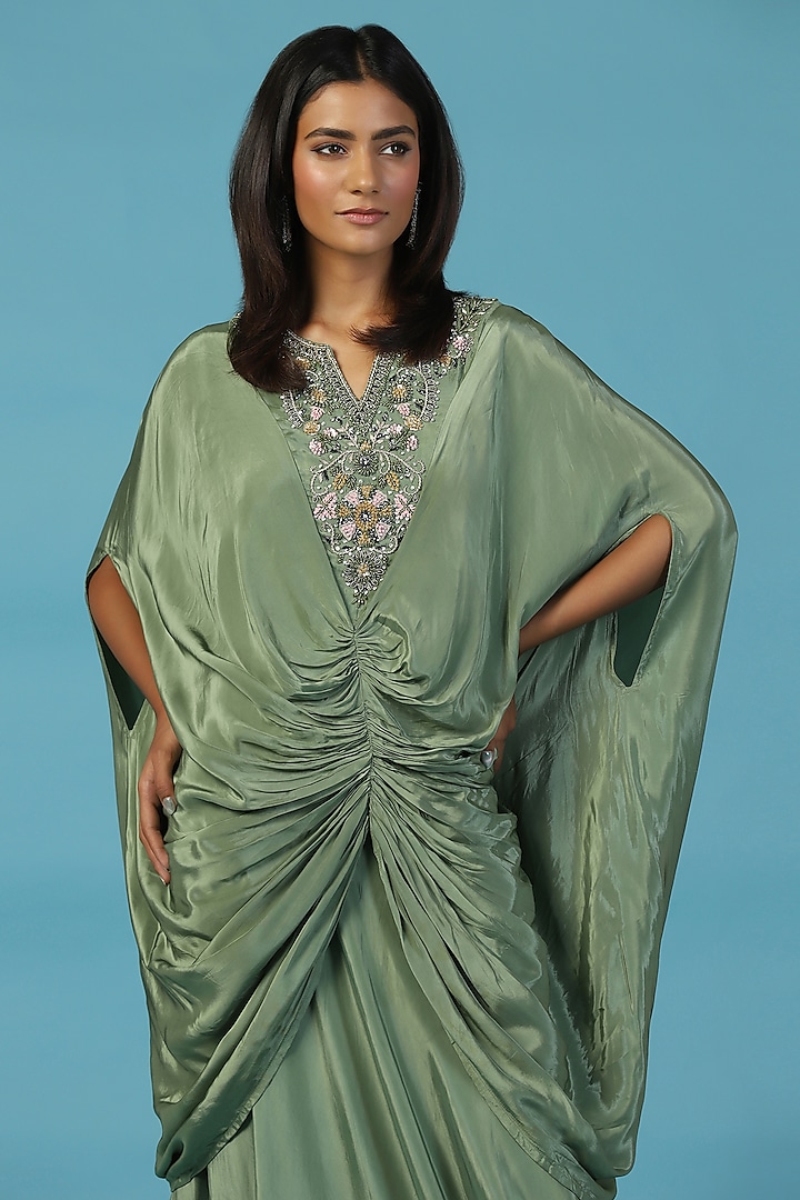 Green Crepe Hand Embroidered Draped Kaftan by Two Sisters By Gyans at Pernia's Pop Up Shop