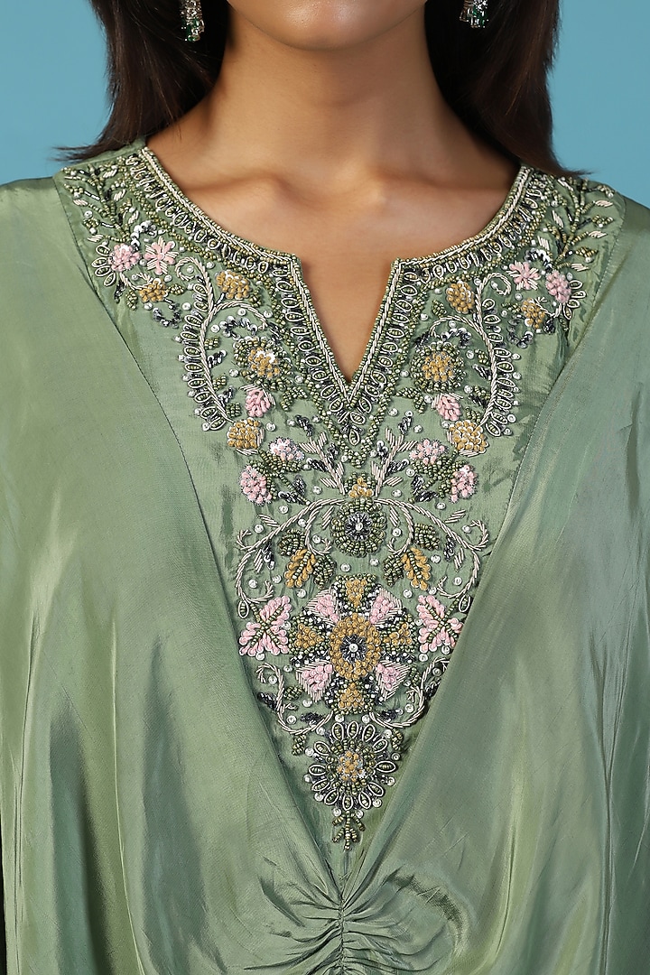Green Crepe Hand Embroidered Draped Kaftan by Two Sisters By Gyans at Pernia's Pop Up Shop
