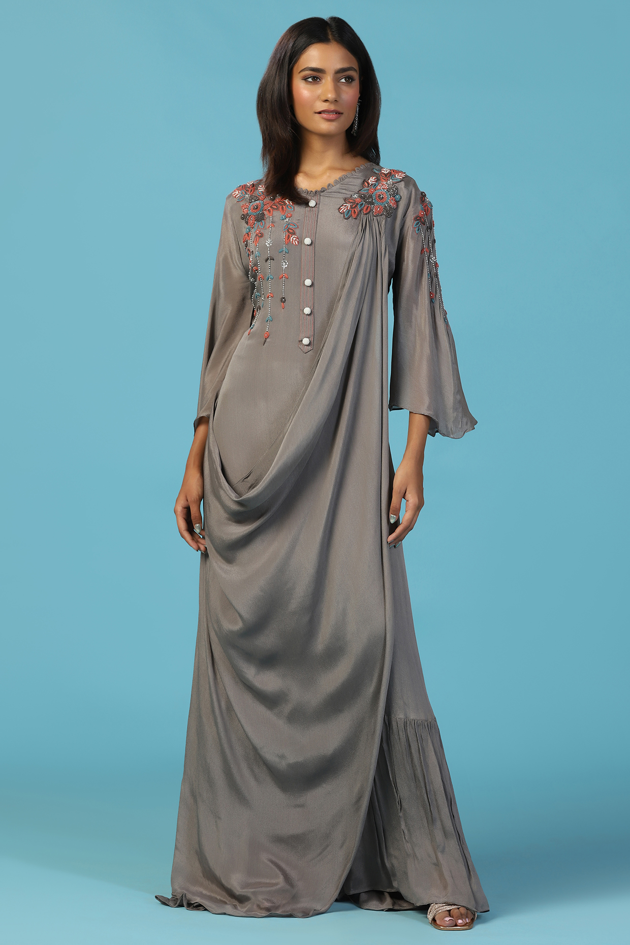 Grey Chiffon Resham Embroidered Draped Party Wear Gown by Two Sisters By Gyans at Pernia's Pop Up Shop