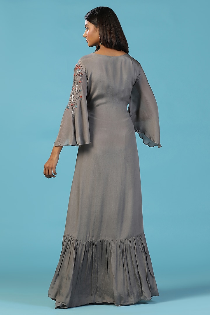Grey Chiffon Resham Embroidered Draped Engagement Gown by Two Sisters By Gyans at Pernia's Pop Up Shop