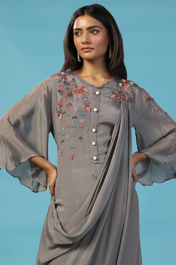Grey Chiffon Resham Embroidered Draped Engagement Gown by Two Sisters By Gyans at Pernia's Pop Up Shop