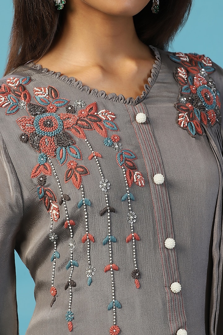 Grey Chiffon Resham Embroidered Draped Engagement Gown by Two Sisters By Gyans at Pernia's Pop Up Shop