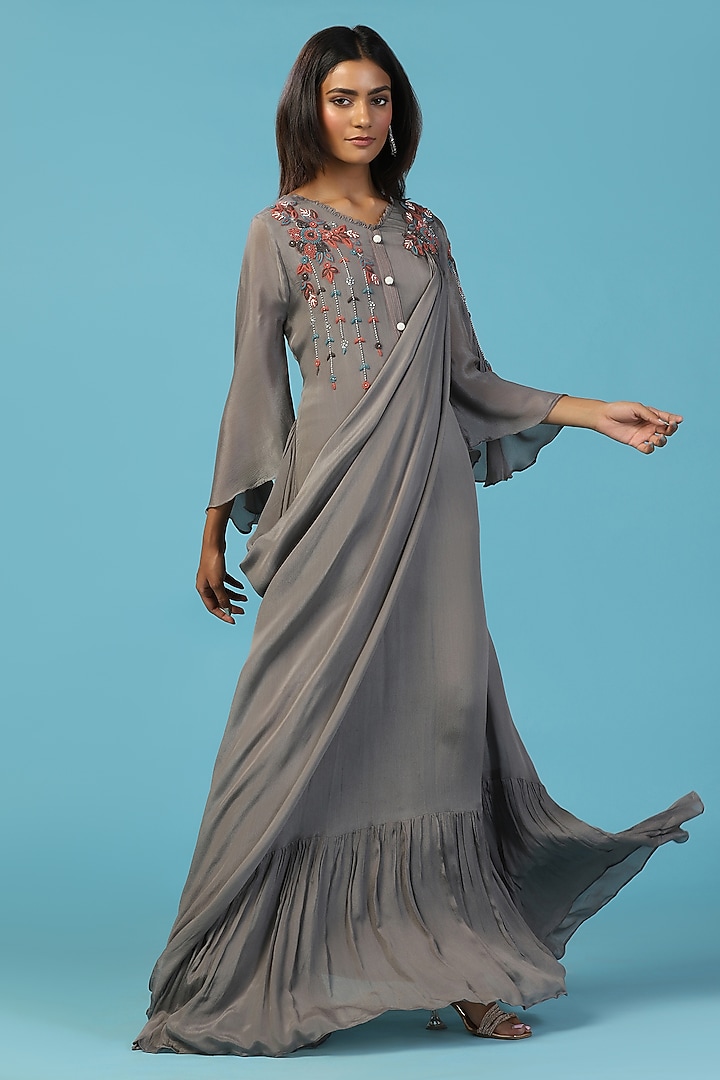 Grey Chiffon Resham Embroidered Draped Engagement Gown by Two Sisters By Gyans at Pernia's Pop Up Shop