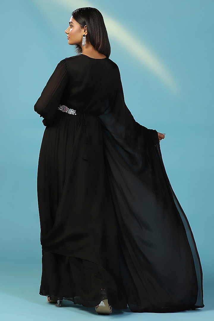 Black Chiffon Floral Hand Embroidered Draped Engagement Gown by Two Sisters By Gyans at Pernia's Pop Up Shop