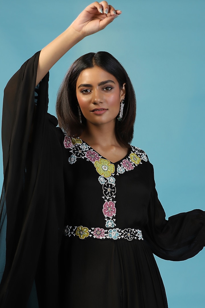 Black Chiffon Floral Hand Embroidered Draped Engagement Gown by Two Sisters By Gyans at Pernia's Pop Up Shop