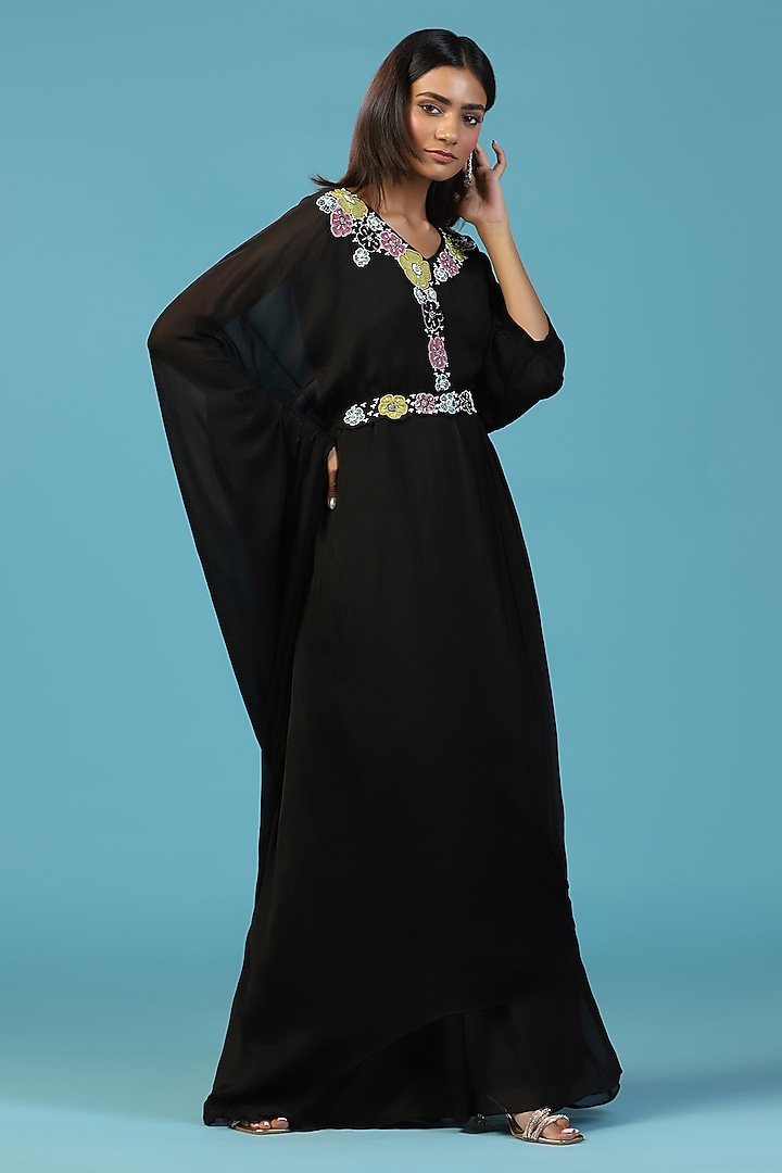 Black Chiffon Floral Hand Embroidered Draped Engagement Gown by Two Sisters By Gyans at Pernia's Pop Up Shop