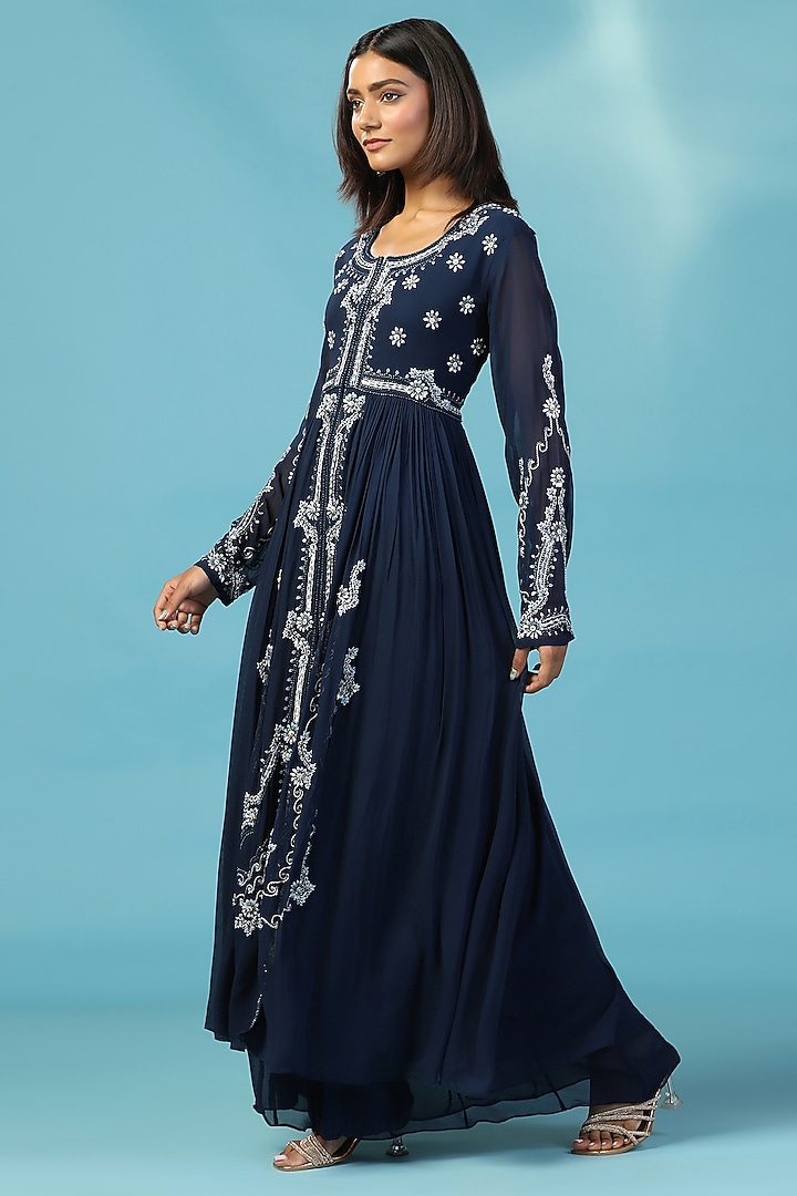 Navy Blue Georgette Floral Hand Embroidered Wedding Anarkali Set by Two Sisters By Gyans at Pernia's Pop Up Shop