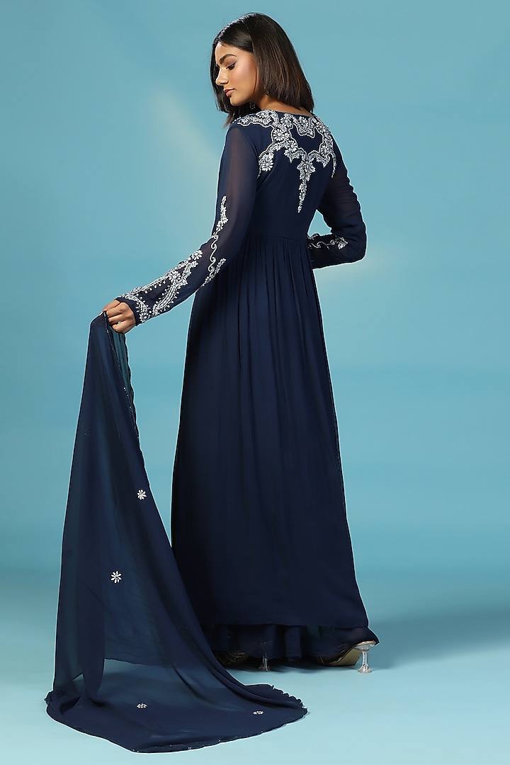 Navy Blue Georgette Floral Hand Embroidered Wedding Anarkali Set by Two Sisters By Gyans at Pernia's Pop Up Shop