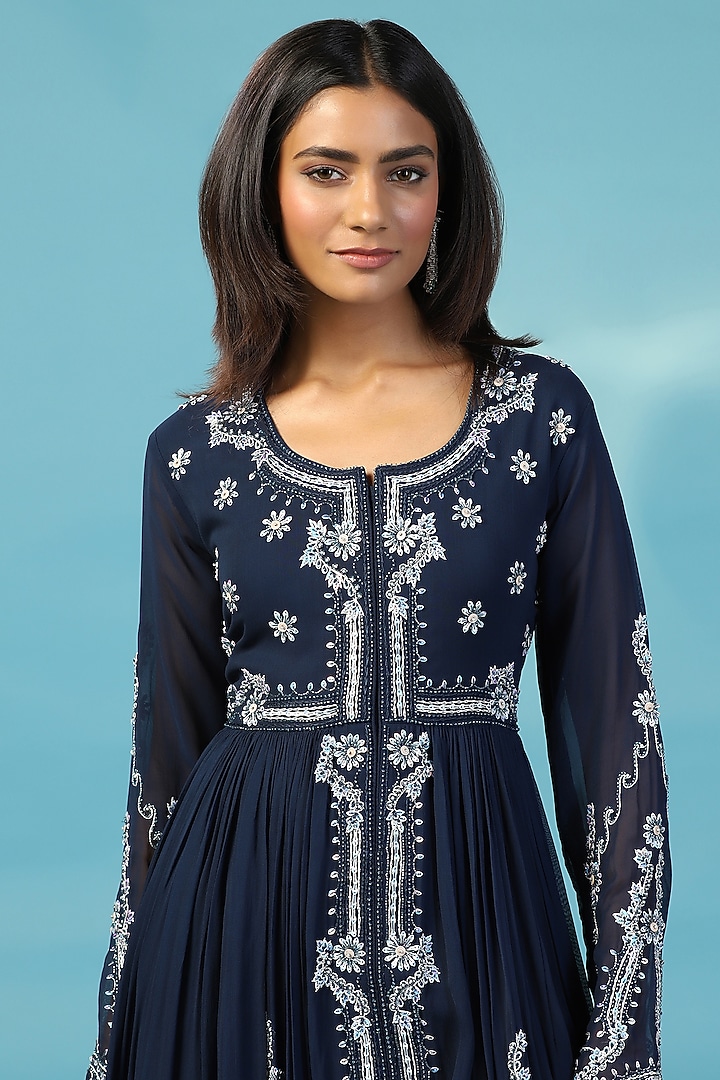 Navy Blue Georgette Floral Hand Embroidered Wedding Anarkali Set by Two Sisters By Gyans at Pernia's Pop Up Shop