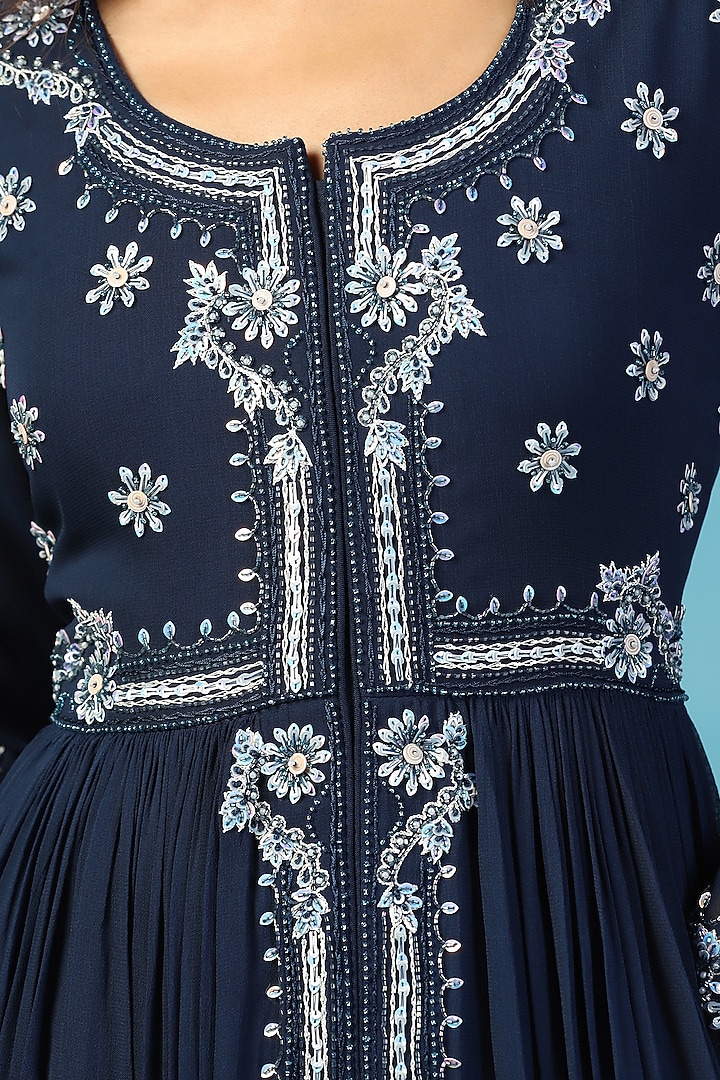 Navy Blue Georgette Floral Hand Embroidered Wedding Anarkali Set by Two Sisters By Gyans at Pernia's Pop Up Shop