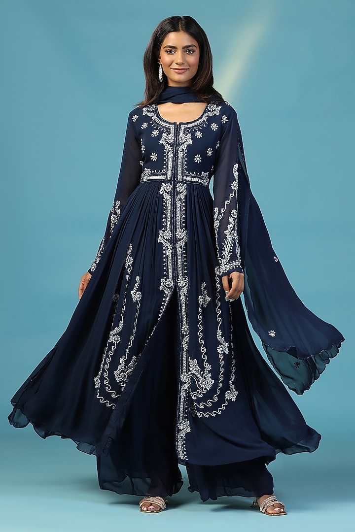 Navy Blue Georgette Floral Hand Embroidered Wedding Anarkali Set by Two Sisters By Gyans at Pernia's Pop Up Shop