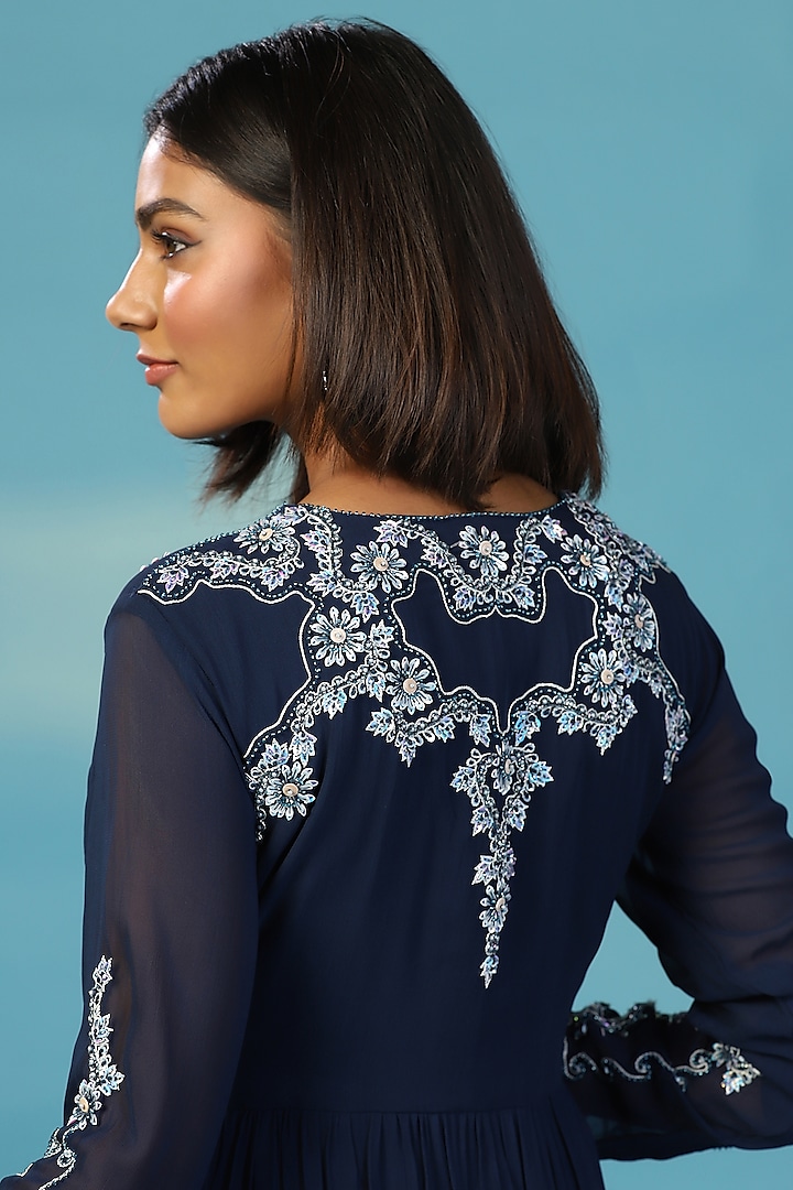 Navy Blue Georgette Floral Hand Embroidered Wedding Anarkali Set by Two Sisters By Gyans at Pernia's Pop Up Shop
