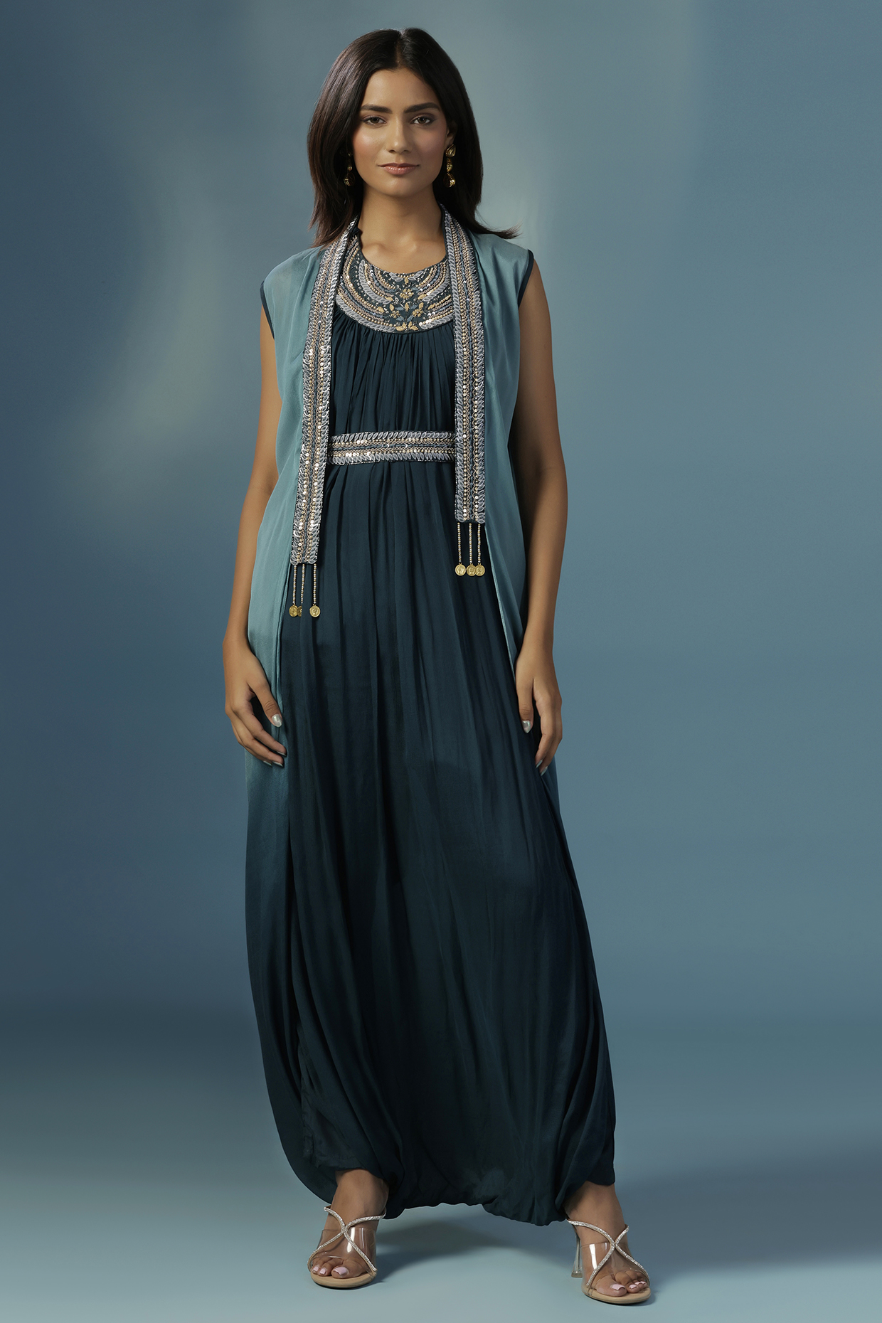 Green Georgette Resham Embroidered Jacket Draped Vacation Dress by Two Sisters By Gyans at Pernia's Pop Up Shop