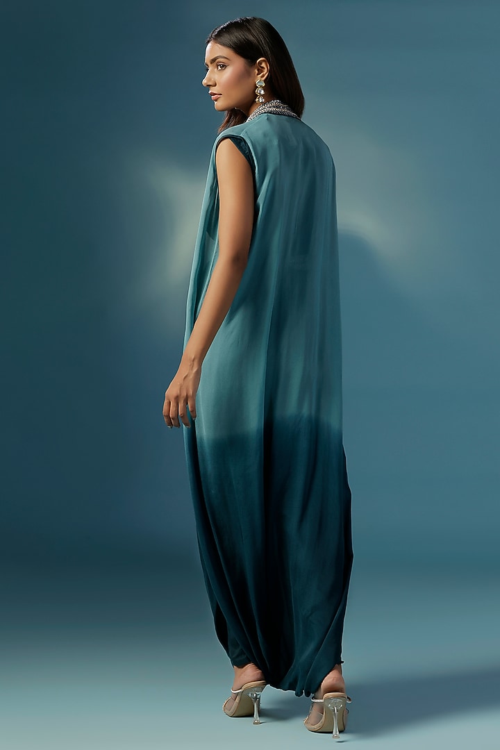 Green Georgette Resham Embroidered Jacket Draped Cocktail Dress by Two Sisters By Gyans at Pernia's Pop Up Shop
