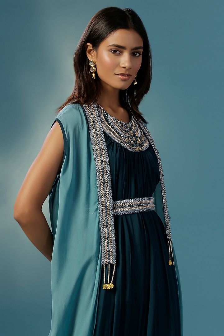 Green Georgette Resham Embroidered Jacket Draped Cocktail Dress by Two Sisters By Gyans at Pernia's Pop Up Shop