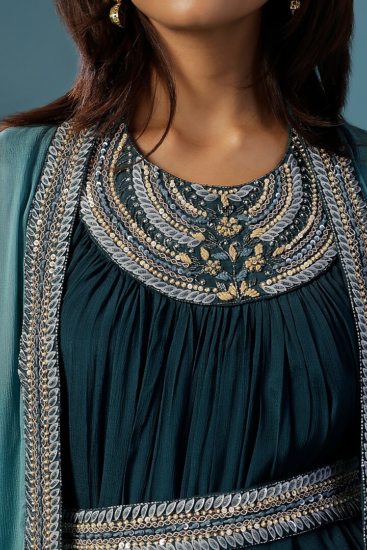 Green Georgette Resham Embroidered Jacket Draped Cocktail Dress by Two Sisters By Gyans at Pernia's Pop Up Shop