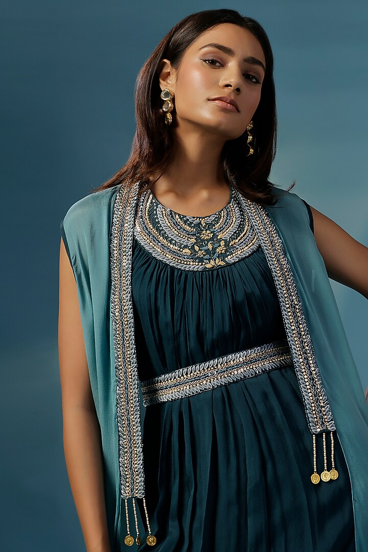 Green Georgette Resham Embroidered Jacket Draped Cocktail Dress by Two Sisters By Gyans at Pernia's Pop Up Shop
