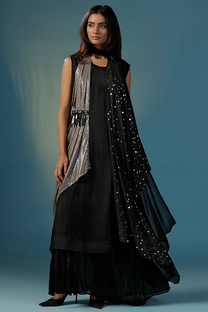 Black Crepe Sequins Work Cape Vacation Dress by Two Sisters By Gyans at Pernia's Pop Up Shop