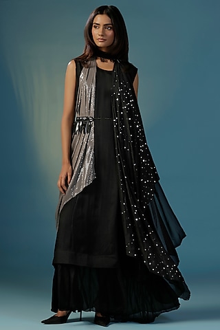 Black Crepe Sequins Work Cape Dress by Two Sisters By Gyans