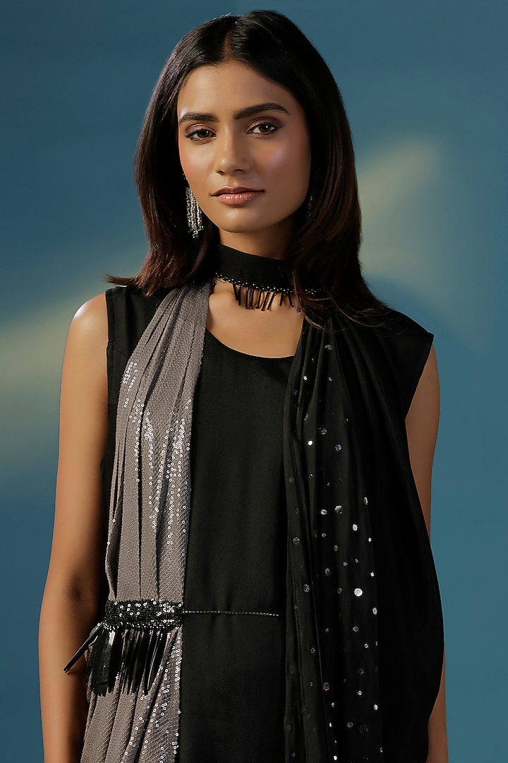 Black Crepe Sequins Work Cape Cocktail Dress by Two Sisters By Gyans at Pernia's Pop Up Shop