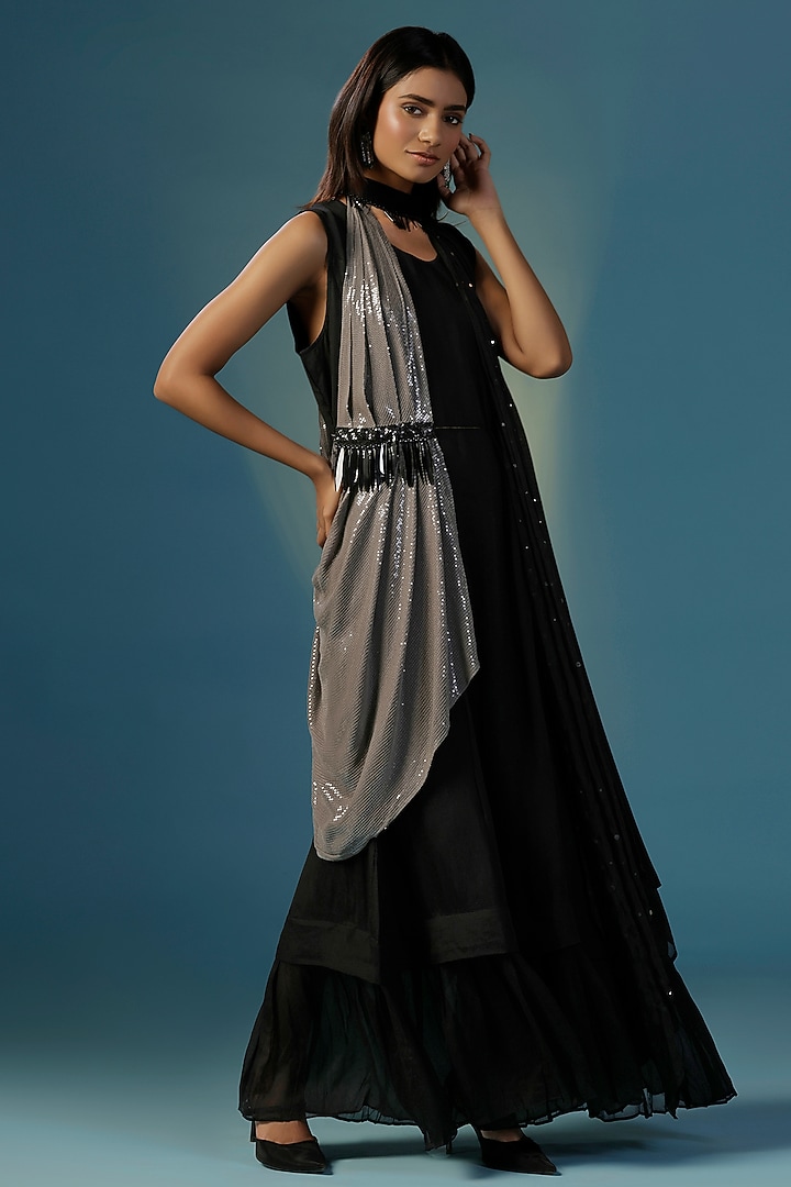 Black Crepe Sequins Work Cape Cocktail Dress by Two Sisters By Gyans at Pernia's Pop Up Shop