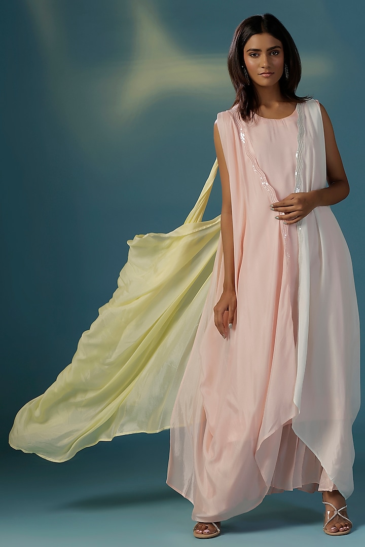 Pink Crepe Sequins Embellished Cape Draped Vacation Dress by Two Sisters By Gyans at Pernia's Pop Up Shop